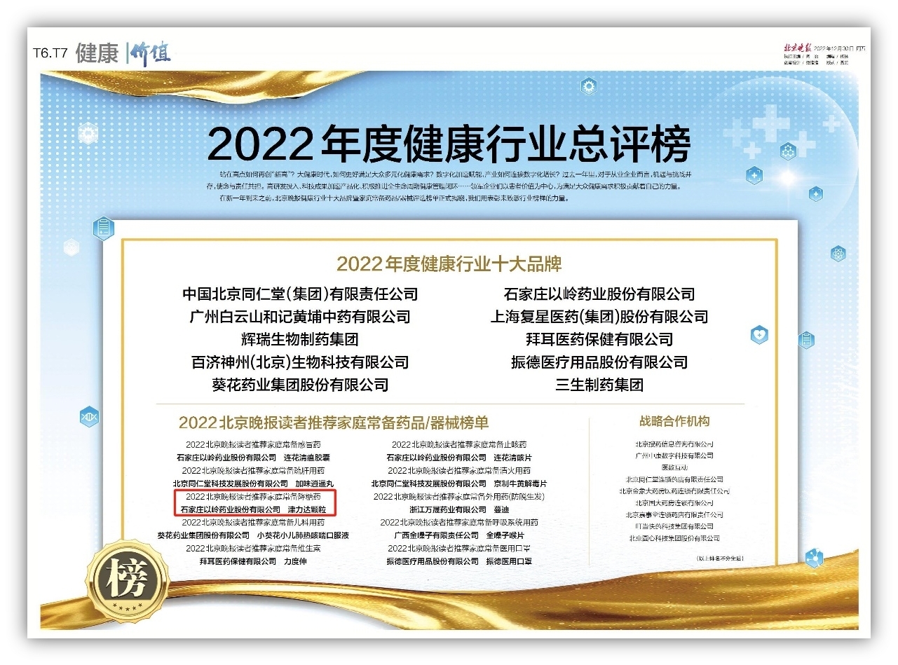 津力達顆粒再次上榜“北京晚報讀者推薦家庭常備降糖藥”榜單