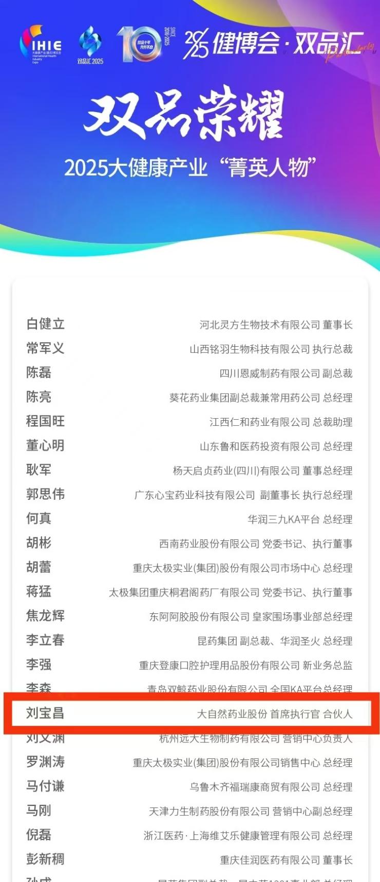 【喜訊】大自然藥業(yè)CEO劉寶昌榮膺“雙品榮耀—菁英人物”